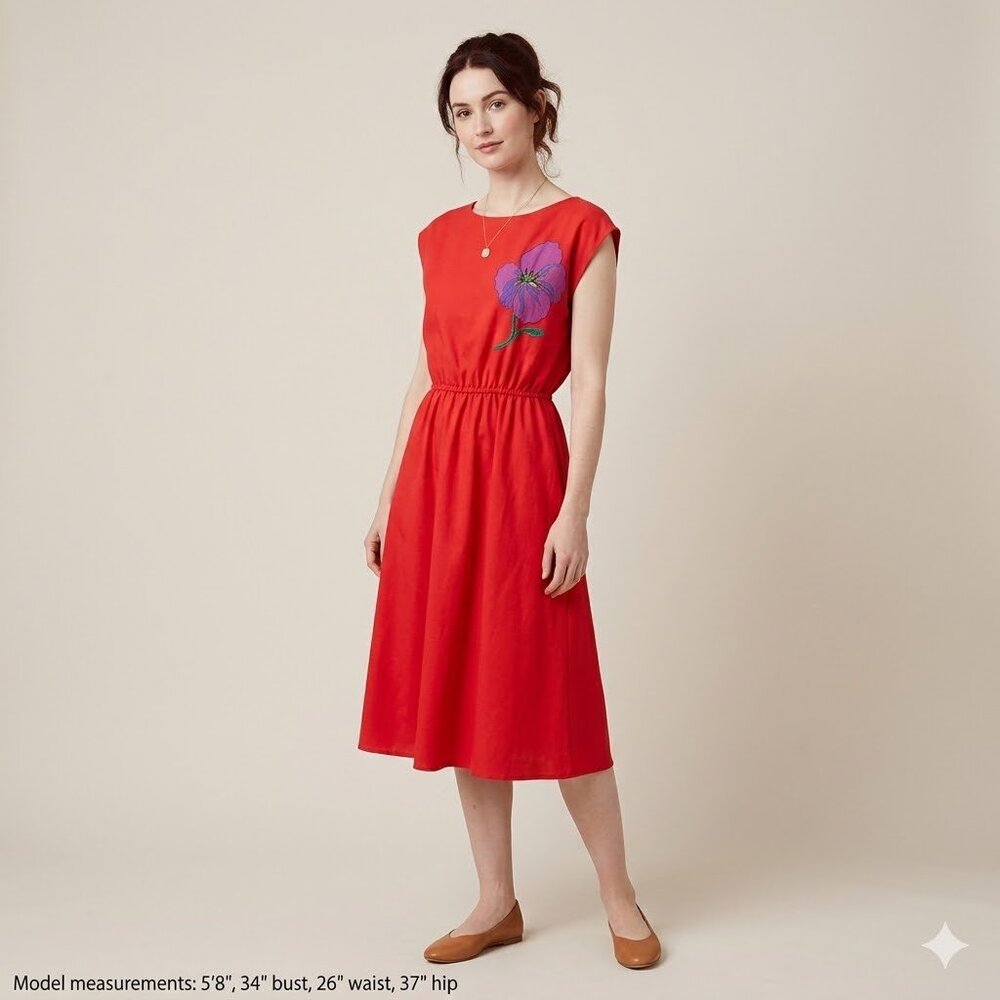 Vintage 70s Red Dress with Purple Flower Detail